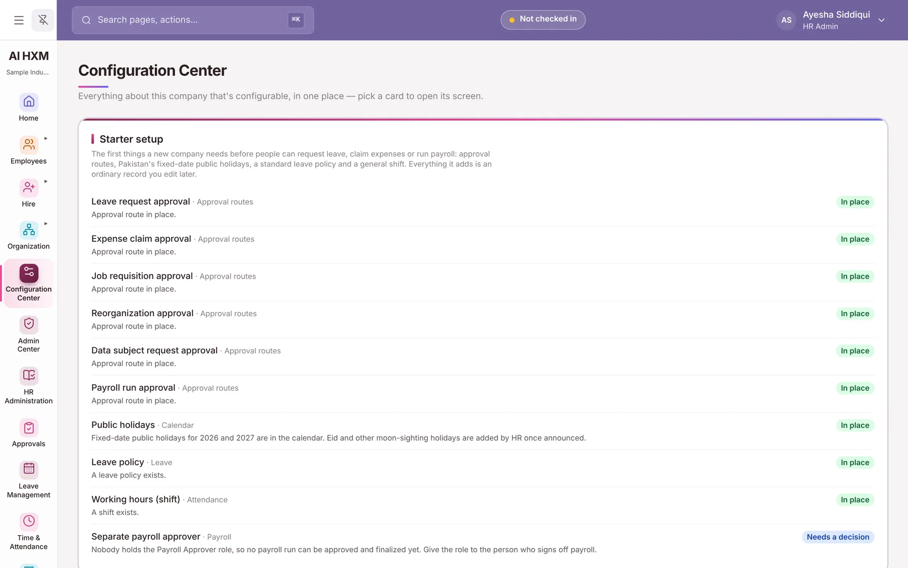 The AiHxM Configuration Center showing the areas a company configures for itself