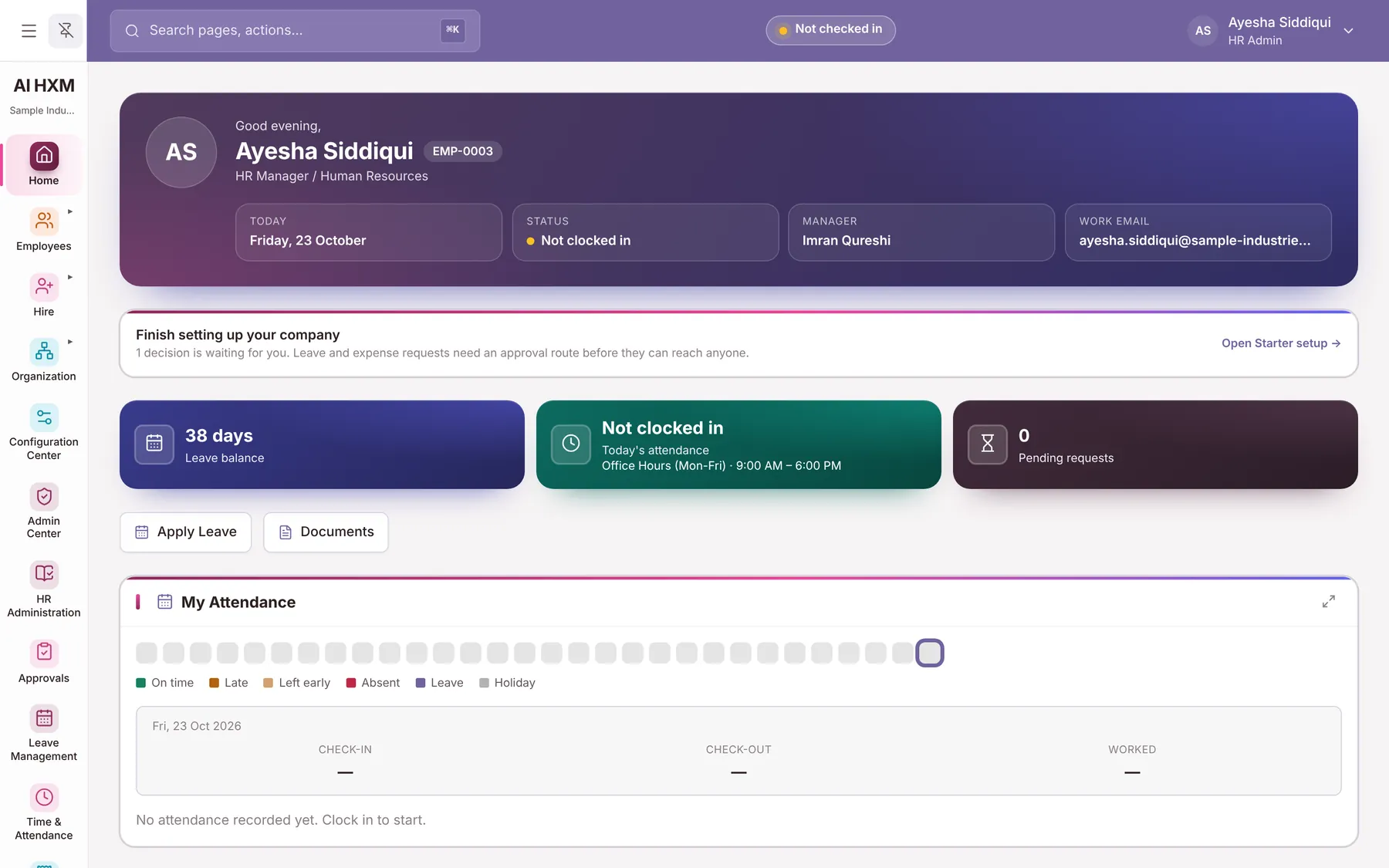 The AiHxM home page for HR, showing today's attendance, leave balance and pending requests, drawn from a demonstration company