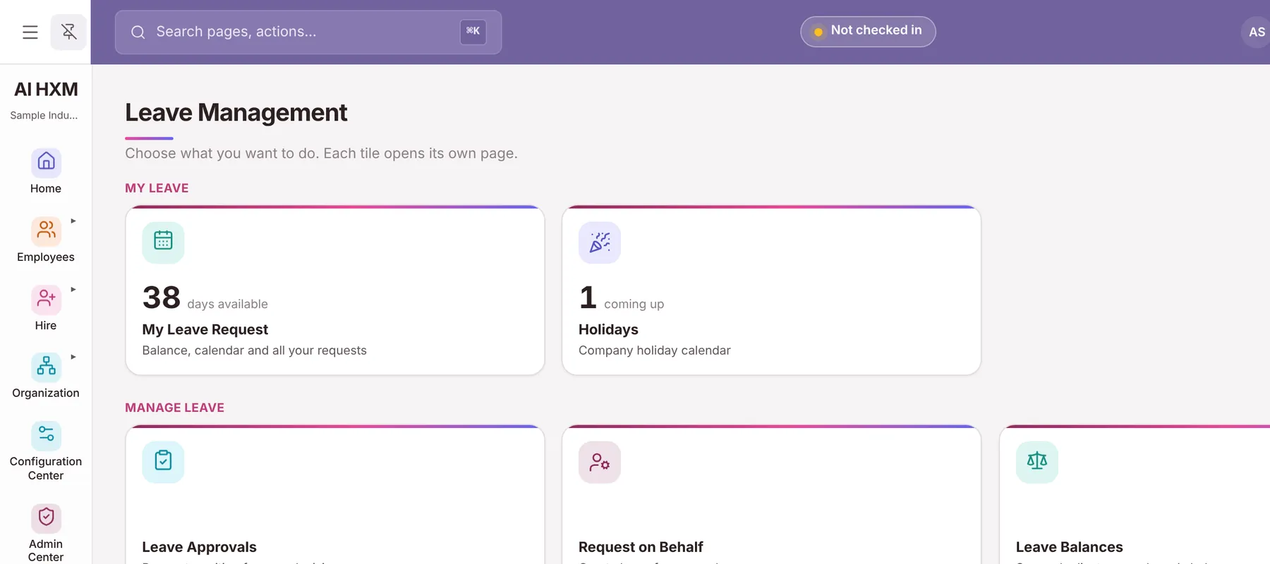 The AiHxM leave page for a demonstration company, showing balances and the team calendar