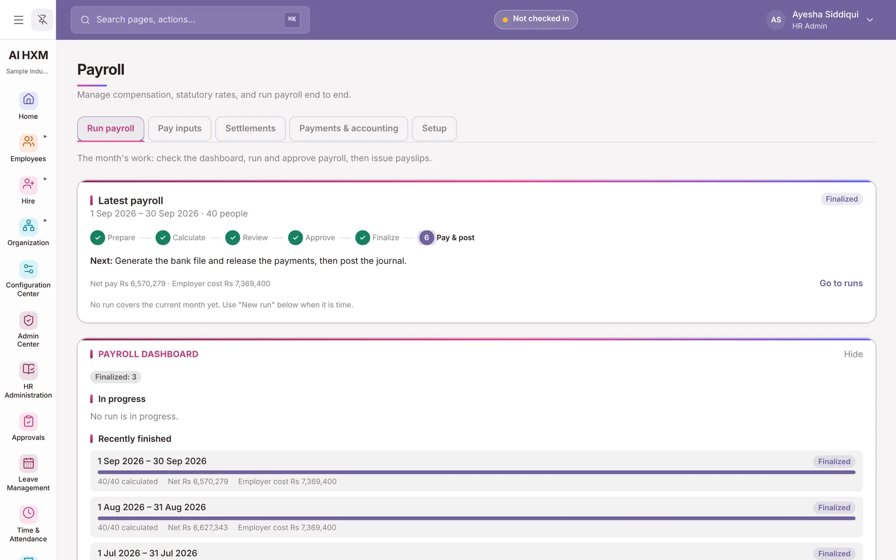 The AiHxM payroll workspace for a demonstration company, showing the run and its steps